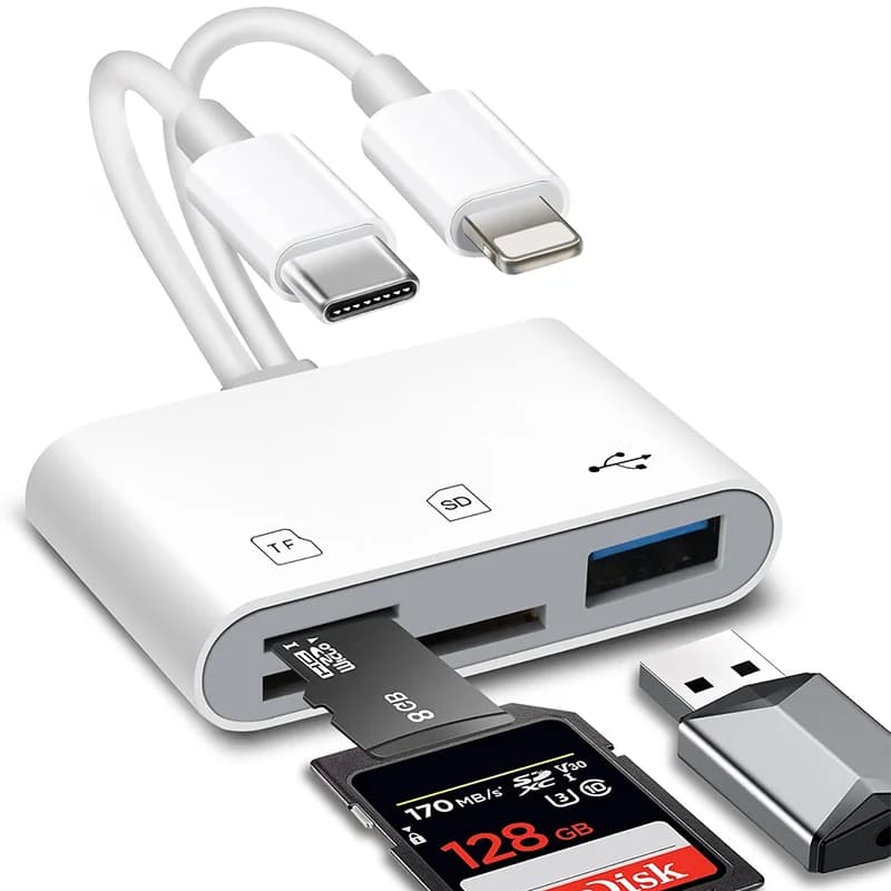 Lettore di schede SD 3 in 1 per iPhone/iPad e Android, lettore di schede di memoria Connettore doppio porta iOS e USB C integrato, adattatore per scheda SD