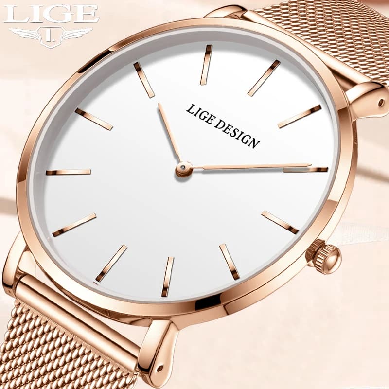 Orologio da donna LIGE, alla moda, in oro rosa, ultrasottile, al quarzo, elegante orologio da polso con bracciale da donna, orologio da donna.