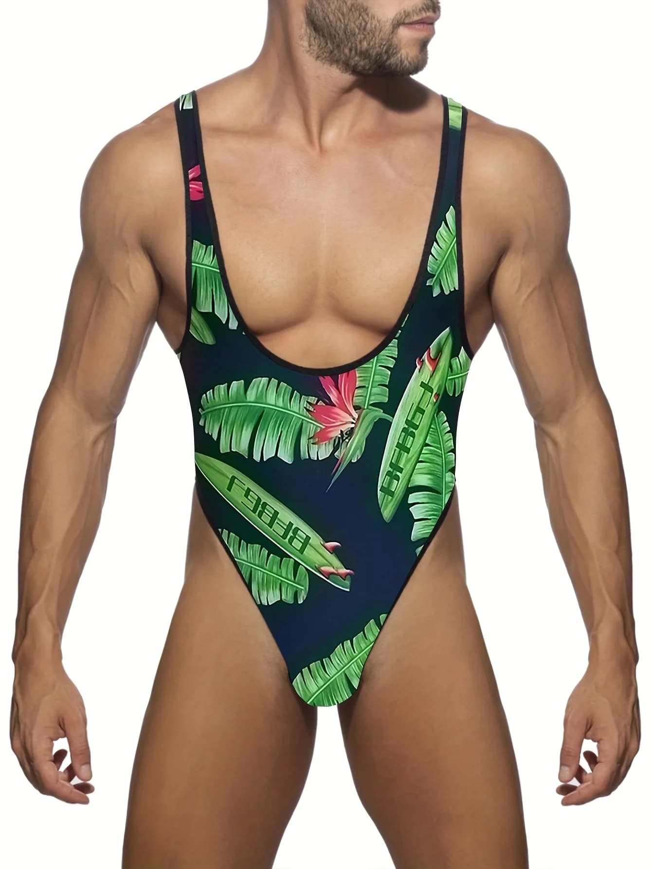 Men's Tropical Leaf Print Sexy One-Piece Swimsuit Lingerie Shapewear Gay Man Thong Swimwear Beach Wear Surfing Bathing Suit