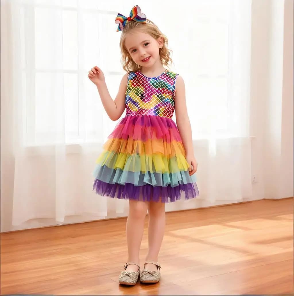 Summer Girls' Colorful Round Neck Mermaid Scale Sleeveless Gauze Dress With Bow Tie Headband, Outdoor Casual Dress3-7Y