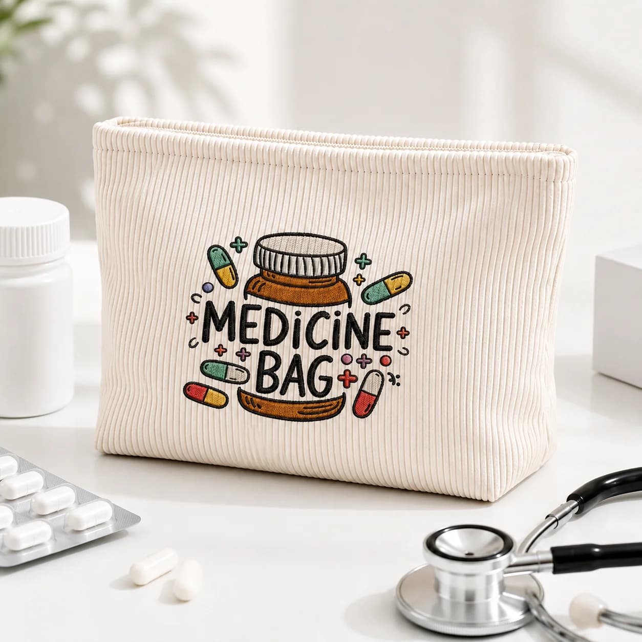 Medicine Bag Cream Corduroy First Aid Bag Large Capacity Medical Storage Organizer Travel Home Medicine Pouch Family Health Care