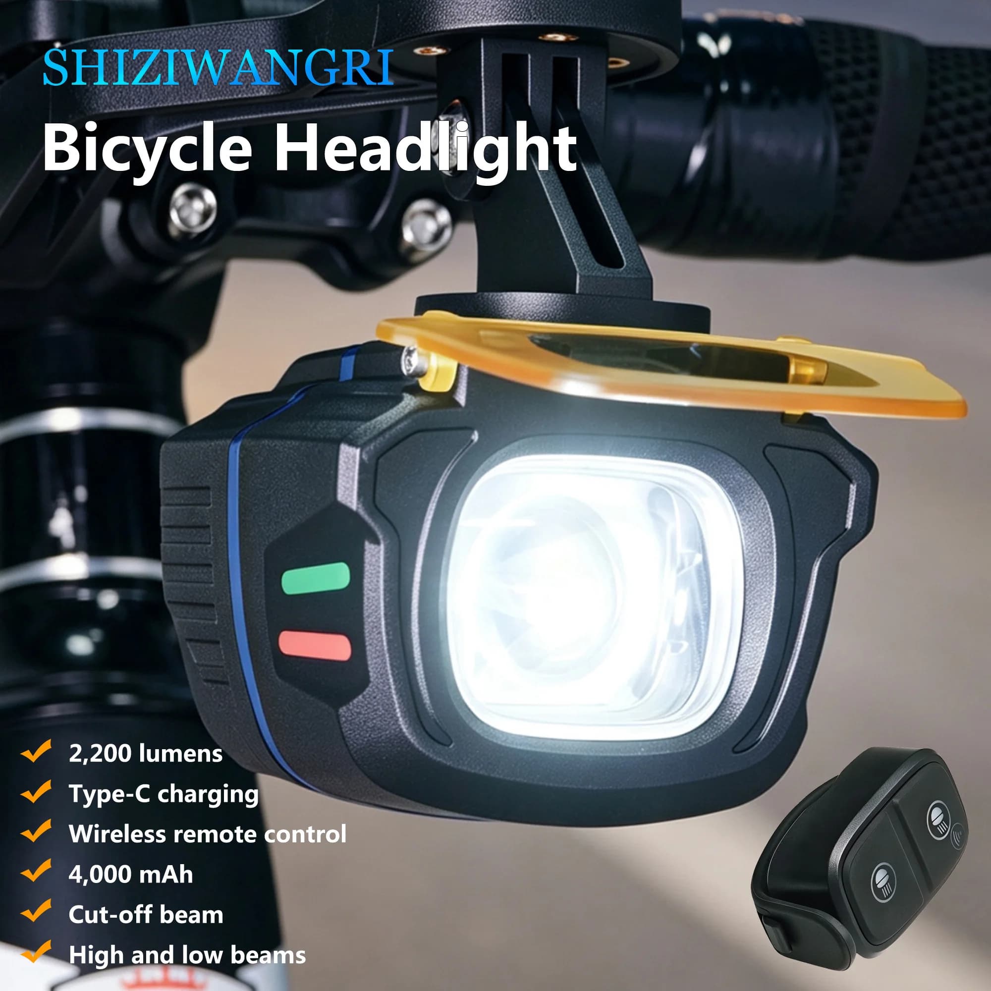 Bicycle Light 2 Color Auxiliary Light 2200LM with Wireless Remote 4000mAh Power Bank Cut-off Design Ricaricabile Bike Light