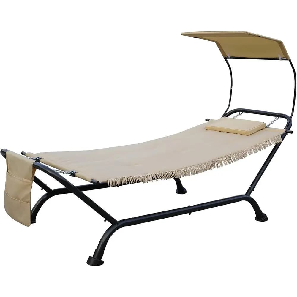 Set Amaca da Esterno in Tela con Supporto, Cuscino e Tasche Portaoggetti (Beige e Nero)