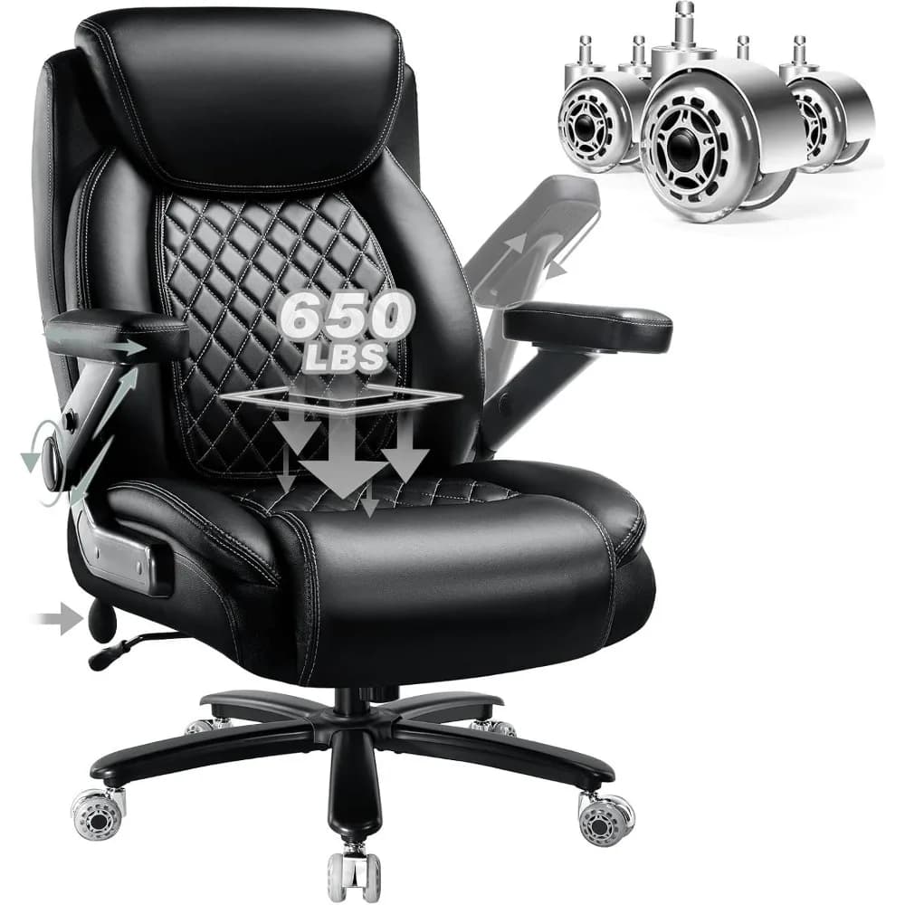 Heavy-Duty Office Chair: 650 lbs Capacity, 5D Flip Arms, Thick Cushion, Wide Seat, Adjustable Lumbar Support