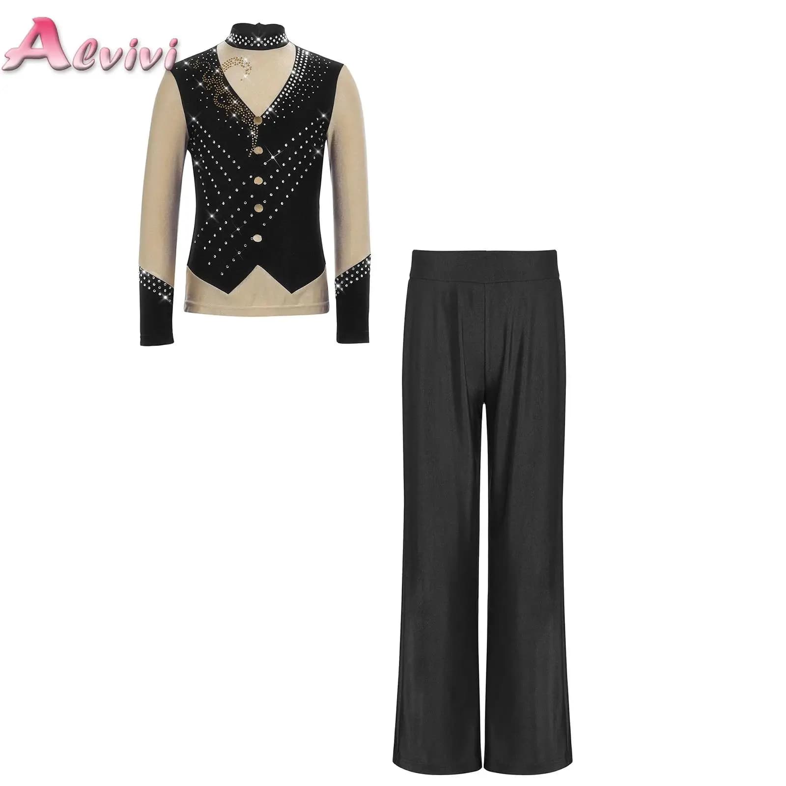 Costumi da pattinaggio artistico per ragazzi, 2 pezzi, con strass scintillanti, top a maniche lunghe e pantaloni a gamba dritta, set per pattinaggio su ghiaccio e su pattini a rotelle