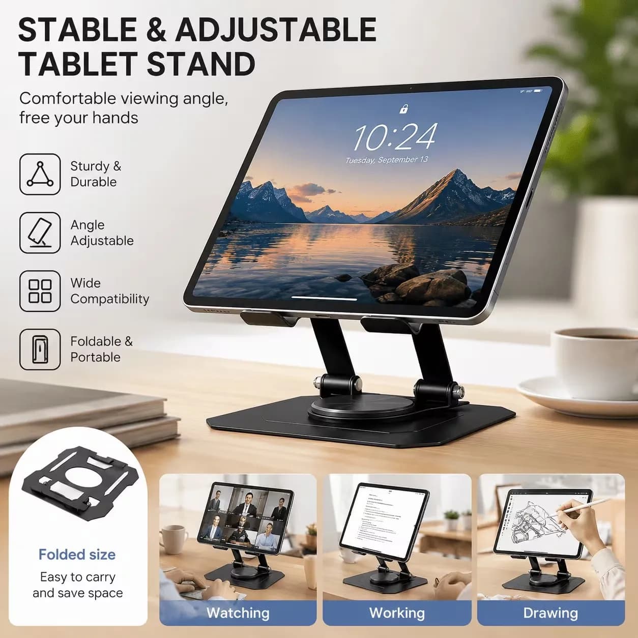 All-Metal Rotating Tablet Stand, Dual-Hinge Multi-Angle Adjustable Tablet Stand, Stable Anti-Shake Foldable Desktop Stand, Suitable for 7-13inch iPad Tablets, Ideal for Home Office Work, Studying, and Digital Drawing