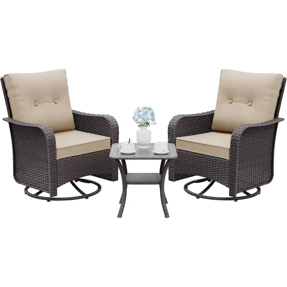 2-Piece Outdoor Swivel Chair Set with Cushions, 3-Piece Wicker Rocking Patio Furniture, Double-Layer Coffee Table Bistro Set for