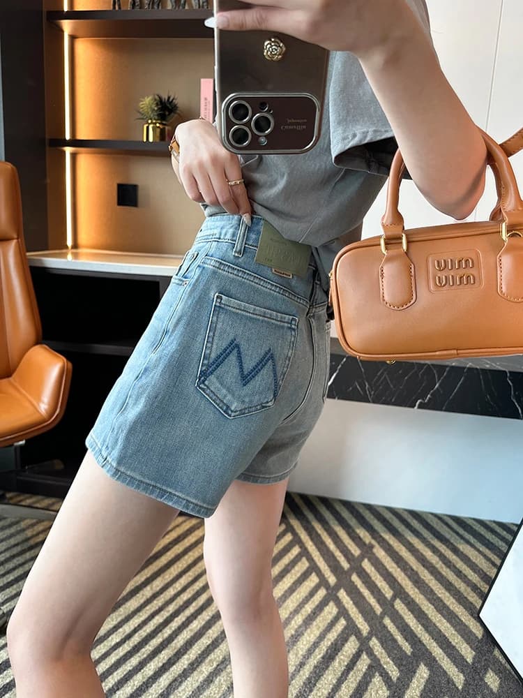 Shorts in denim a vita alta e gamba larga da donna, estivi, taglie forti, modellanti, a trapezio, elasticizzati, con ricamo a macchina