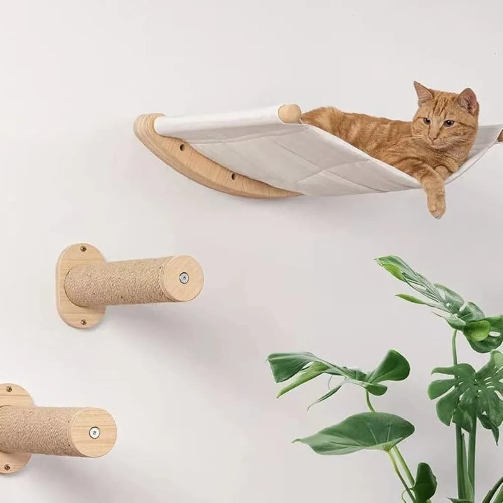 Scaffale in Legno per Gatti Salvaspazio con Cuscino, Amaca da Parete per Gatti, Scala per Gatti in Corda di Sisal Resistente all'Usura per Giocare