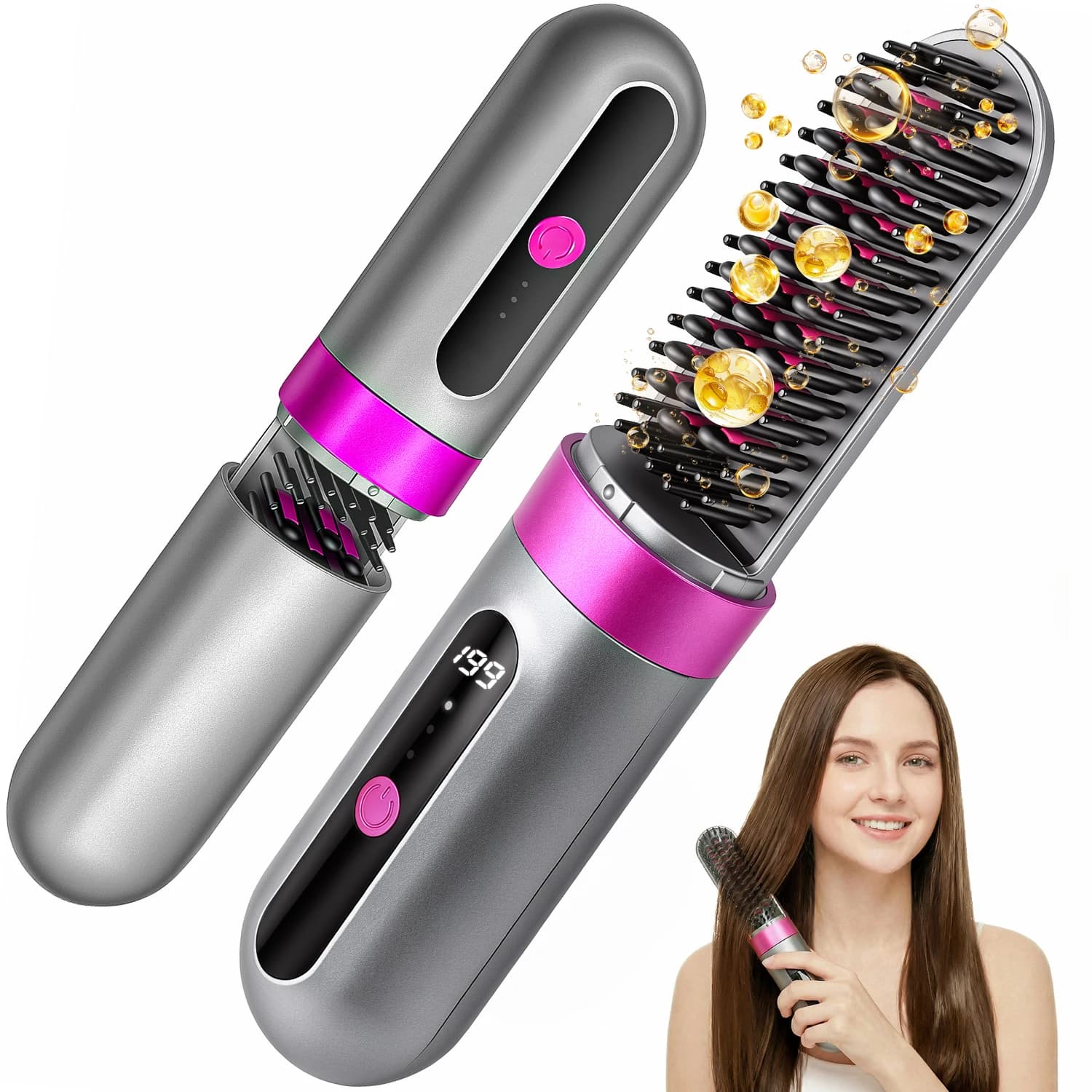 Spazzola lisciante per capelli senza fili, pettine lisciante portatile ionico anti-crespo con 3 impostazioni di temperatura, riscaldamento rapido, strumento per lo styling dei capelli da viaggio ricaricabile tramite USB-C da 4000 mAh