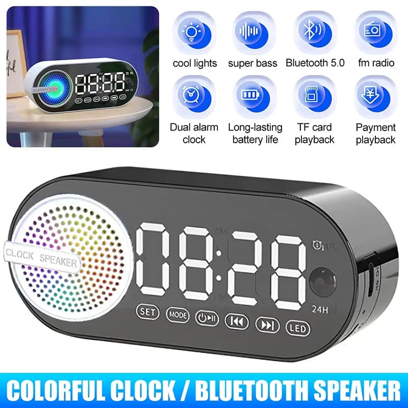 Radio Sveglia Ricaricabile USB con Altoparlante Bluetooth Portatile RGB, Display Grande, Silenzioso, Specchio Digitale per Camera da Letto, Ufficio e Scrivania