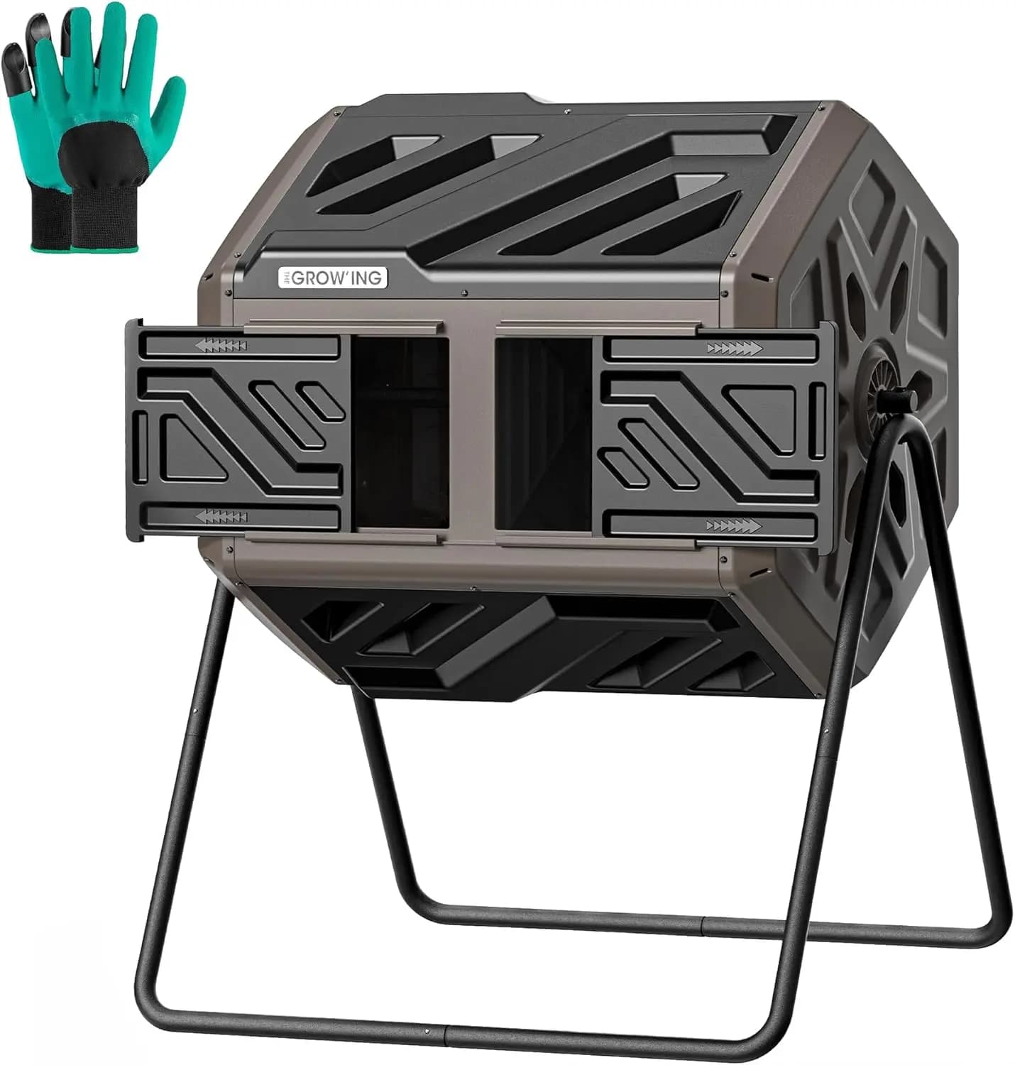 Composter a Doppia Camera da 43 Galloni con Nastro per Semi Integrato, Composter Rotante da Esterno per Giardino e Cortile, Marrone