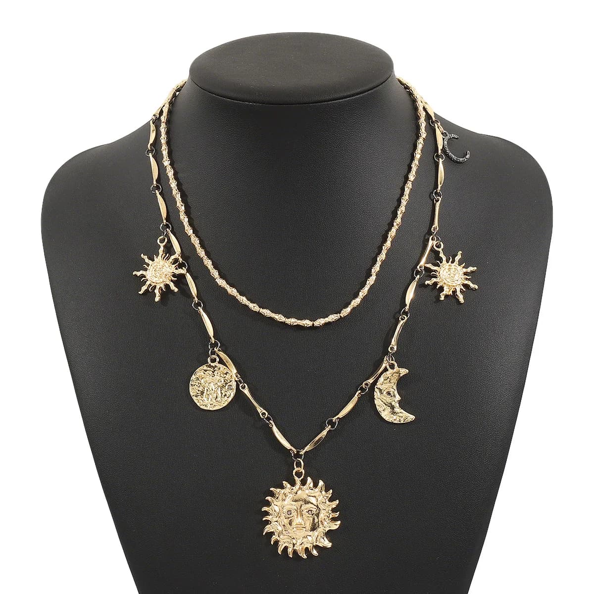 Collana con Ciondolo Sole e Luna in Lega Antica ZA, Collana a Doppio Strato Impilabile con Catena per Clavicola