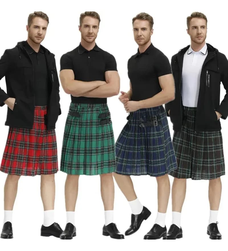Men Scotland Kilt Traditional Plaid Belt Pleated Gothic Punk Hip-hop Avant Garde Scottish Tartan Pants Skirts