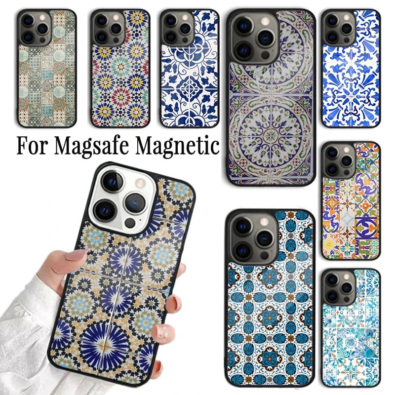 Cover per iPhone con motivo a piastrelle marocchine per iPhone 17 AIR 16 15 14 13 12 11 Pro Max Plus, custodia magnetica wireless Magsafe