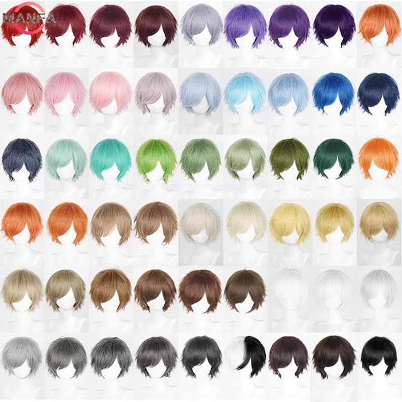 Parrucca cosplay anime corta diritta da 30 cm Nero Bianco Verde Marrone Viola Blu Grigio Rosso Oro Uomo Donna Capelli sintetici resistenti al calore