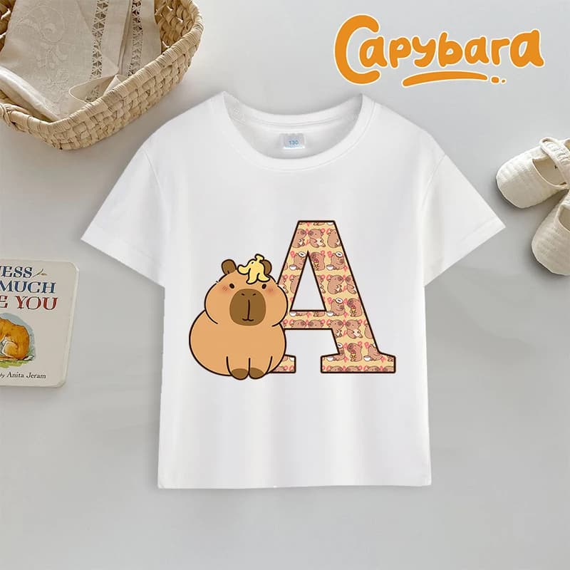 T-shirt Capybara Lettera AZ Stampa Top Simpatico cartone animato Anime Ragazzi Ragazze Vestiti Cotone Girocollo Bambino Manica corta Abbigliamento da esterno