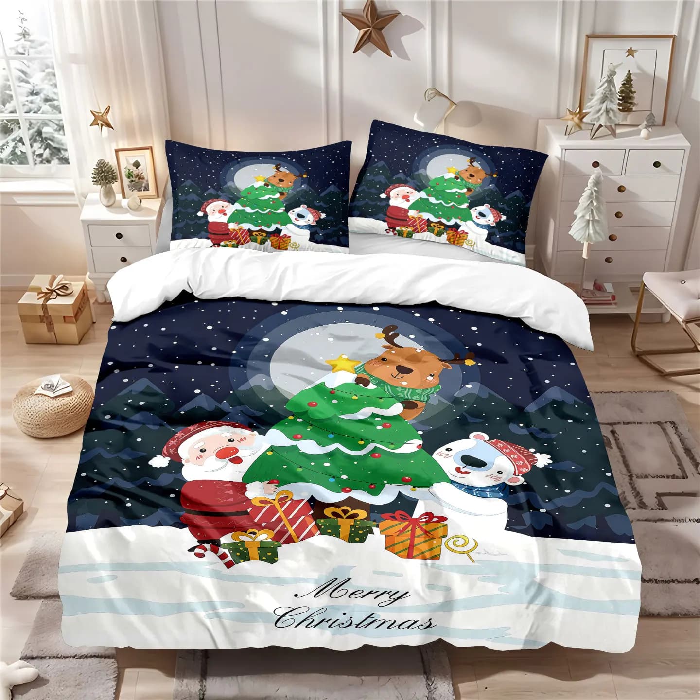 Set di biancheria da letto senza chip stampato natalizio da 3 pezzi Camera da letto Dormitorio 1 copripiumino + 2 federe Set lavabile in lavatrice multi formato