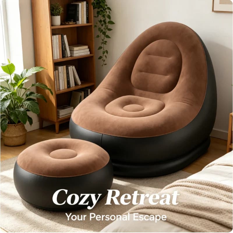 Inflatable Lazy Lounge Chair PVC Flocking Air Sofa with Foot Stool Folding Portable for Outdoor Camping Garden Home