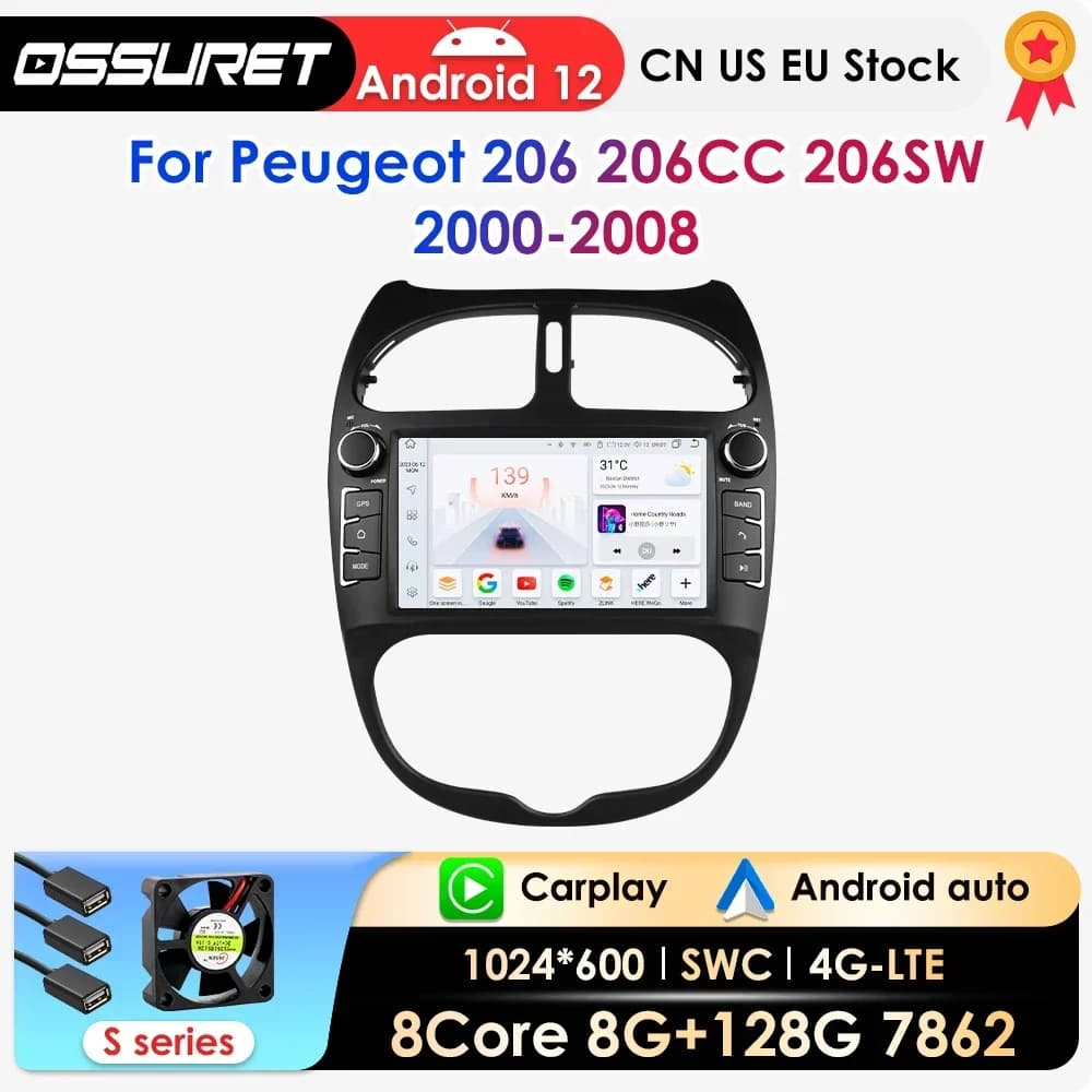 2Din Carplay Android Auto autoradio per PEUGEOT 206 206CC 206SW 2000-2008 Multimedia GPS 2din autoradio No DVD Octa Core 7862