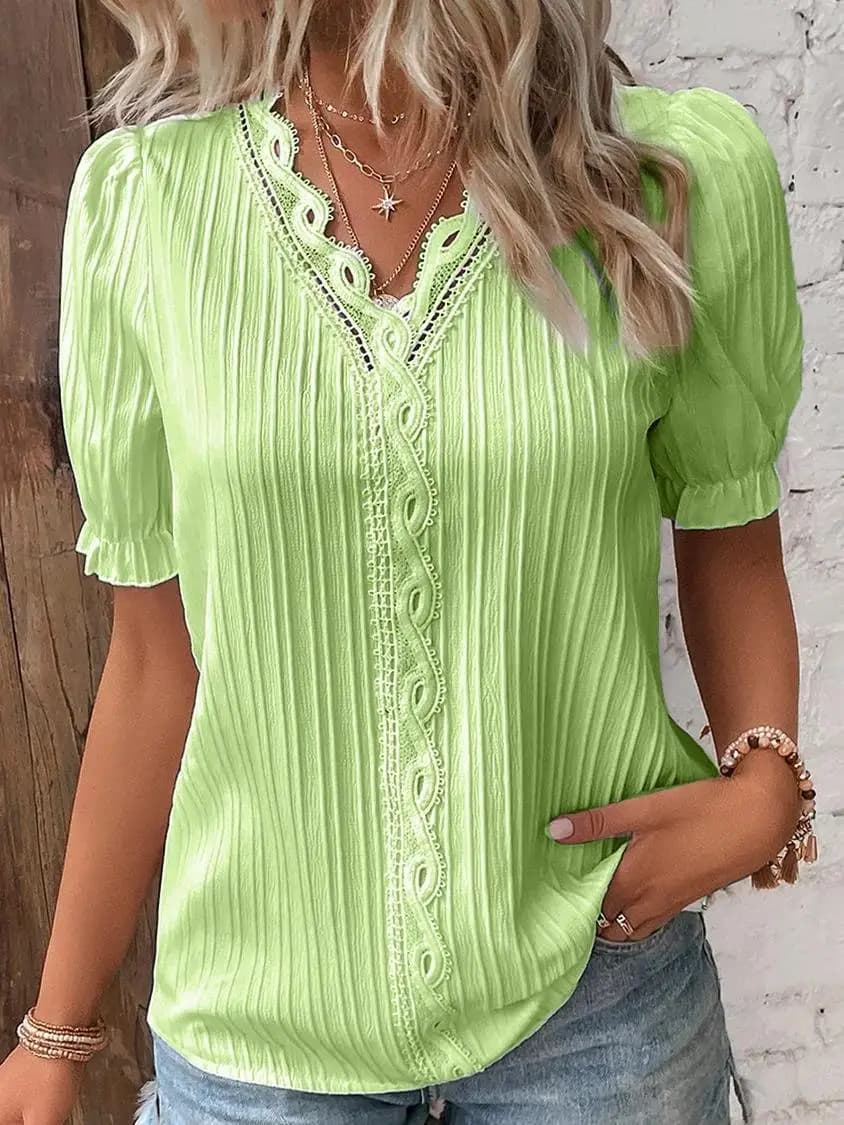 Camicetta da donna elegante camicia con scollo a V in pizzo Patchwork camicie a maniche corte per donna Summer Lady Tops