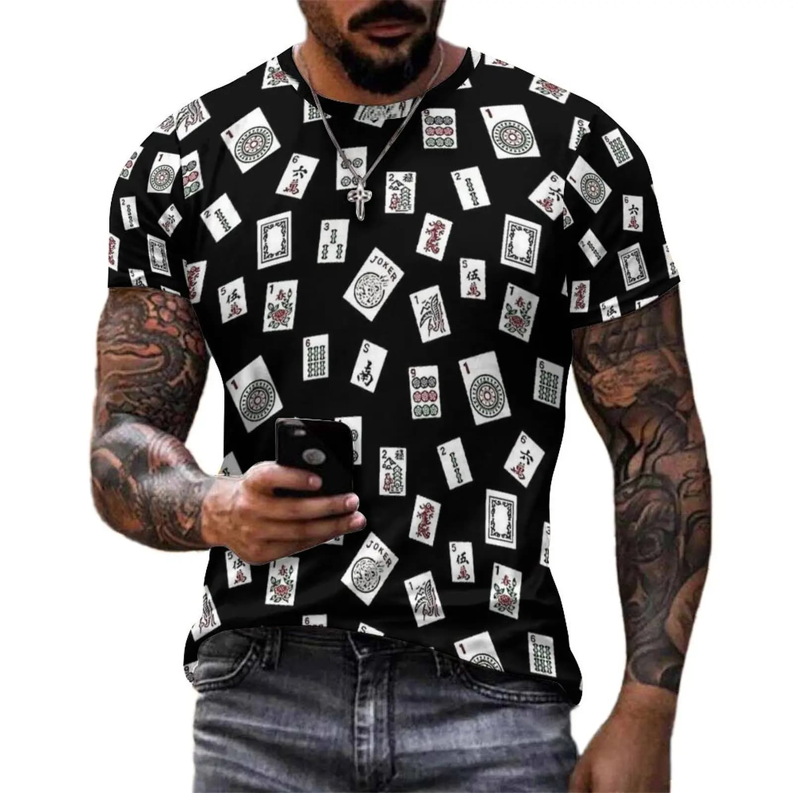 Black Base Mahjong Tile Print T Shirt For Men Graphic O Neck T Shirts Summer Retro Tops Short-Sleeved Funny Oversized Tees Gift