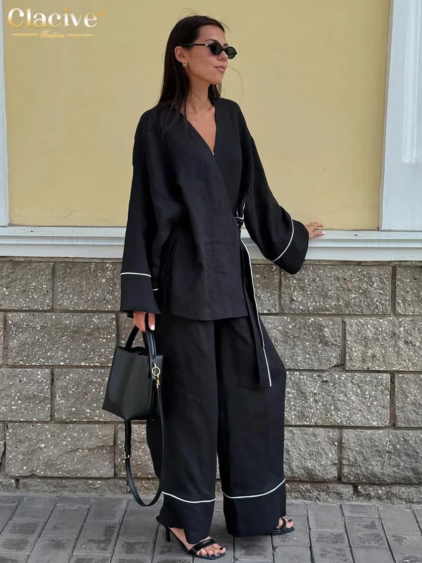 Cclacive Set da due pezzi da donna in cotone nero allentato alla moda 2025 Camicia casual a maniche lunghe con pantaloni larghi a vita alta Set femminile
