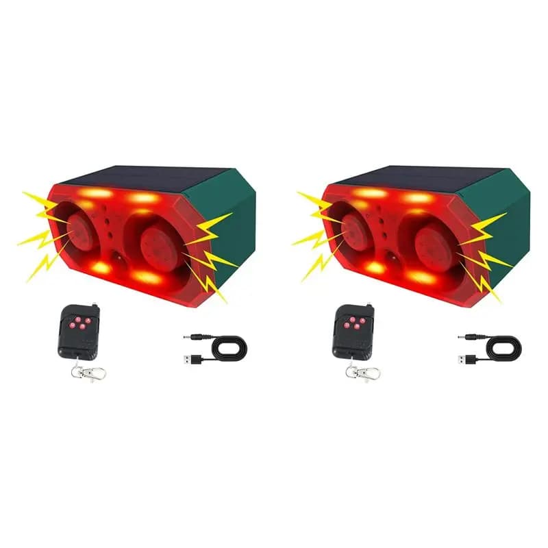 2X Solar Outdoor Motion Sensor Alarm With 13 Sound,130Db Dual Speaker Motion Detector Alarm Light With Remote