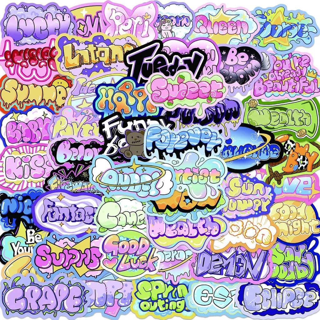 50 Pezzi Adesivi Impermeabili con Frasi e Cartoni Animati Stile INS per Casco, Bicicletta, Diario, Astuccio - Papery Pop Store