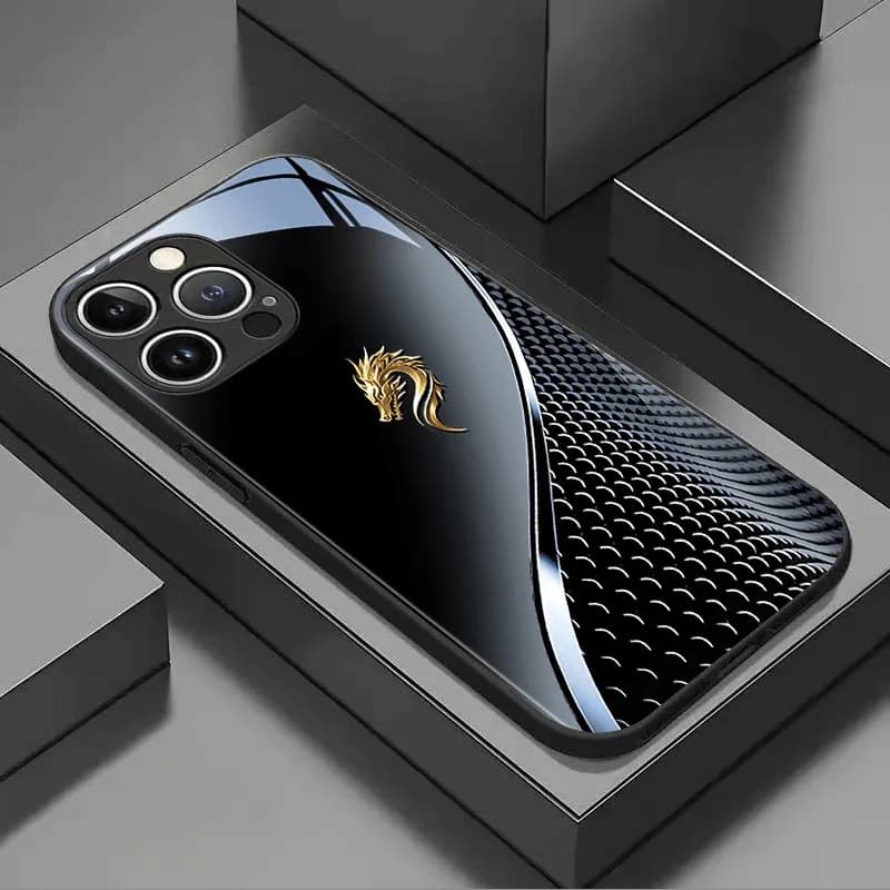 Custodia per telefono in vetro con motivo testa di drago nero argento oro per iPhone 17 16 15 Pro Max 14 13 12 11 16E 17Air 7 8 Plus XR XS X Cover