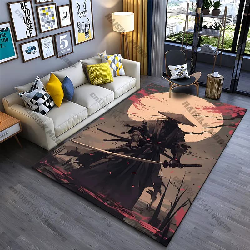 Carpet with warrior pattern samurai under the moonlight, yoga mat, decoration for living room, baby mat, mat for crawling, carpet for play area