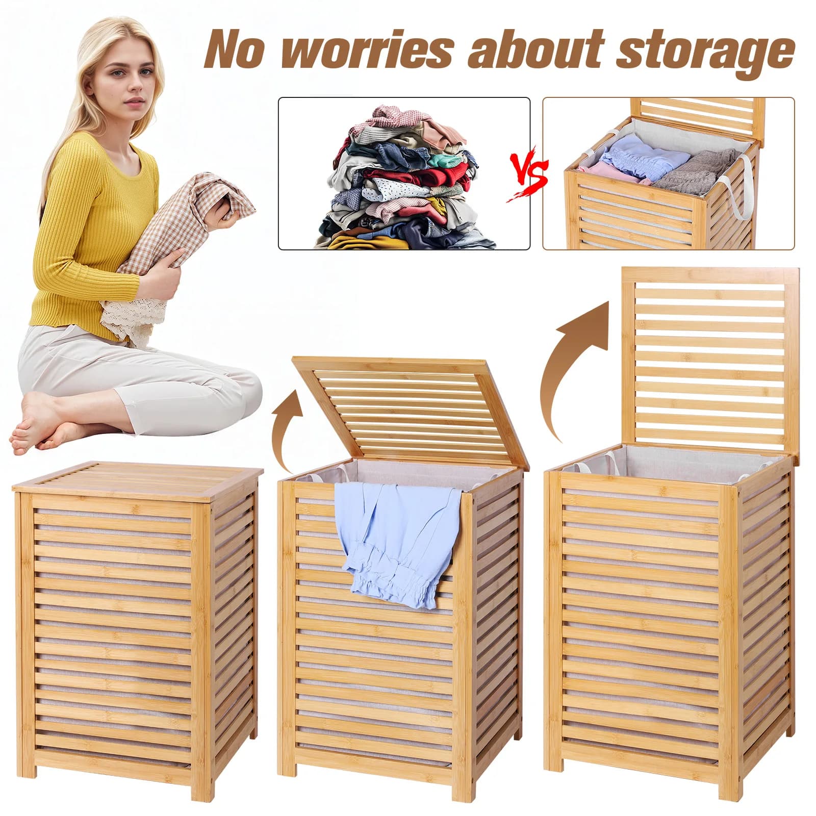 Bamboo Laundry Hamper with Removable Liner Bag Dirty Clothes Hamper Dirty Clothes Storage Basket for Utility Room