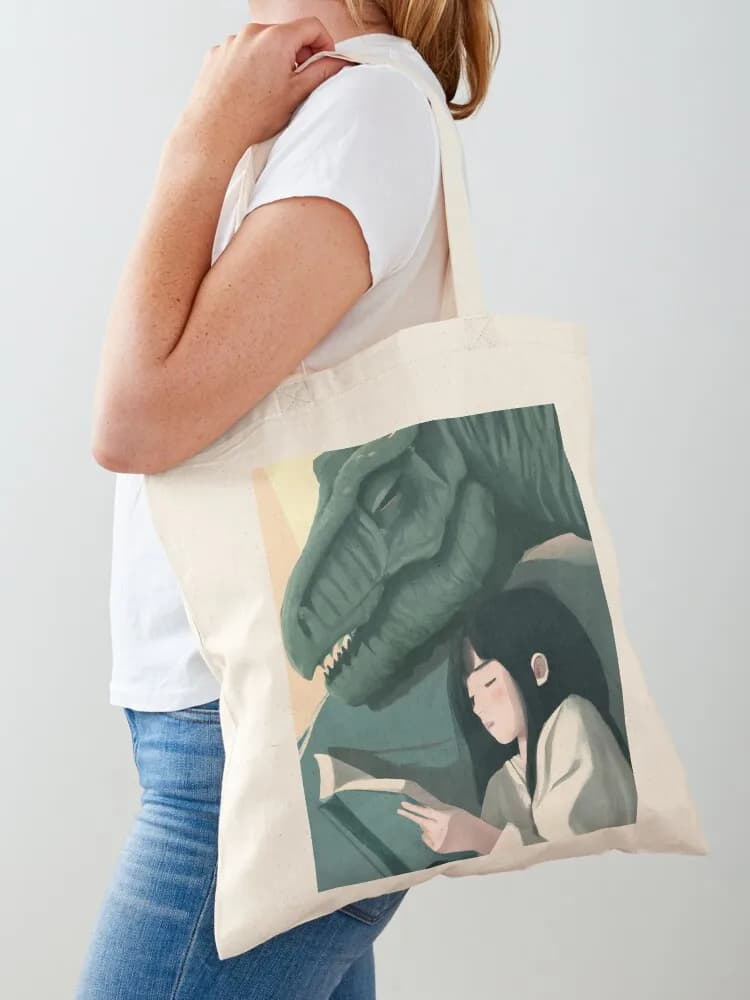 Reading a book while his home dinosaur sleeps. Large Tote Bag, Handbags, Beauty Tote Bags, Women's Big Bag