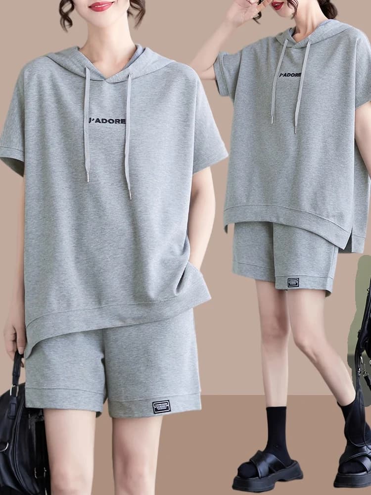 Fashionable Casual Sportswear Set Short Sleeve Women's Summer Stylish Small Size Hoodie Shorts Two Piece Set Trendy And Chic