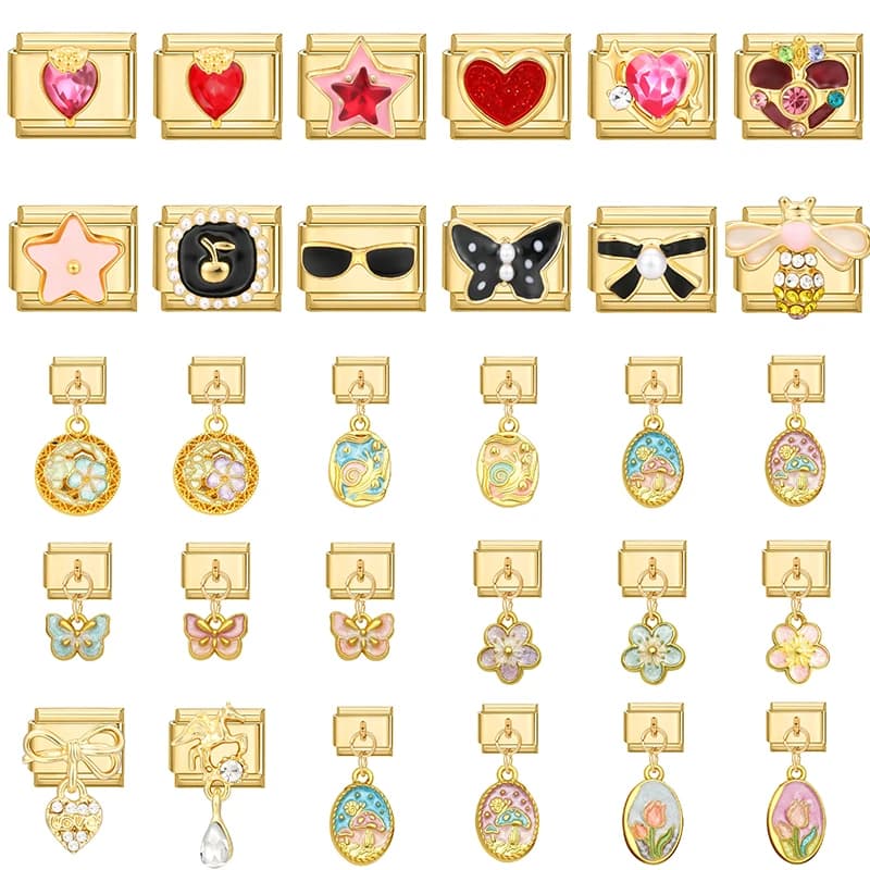 Ciondolo a forma di fiocco, cuore, fiore, stella, ciliegia e zircone dorato, compatibile con braccialetti in acciaio inossidabile da 9 mm, ideale per creare gioielli fai da te da donna.