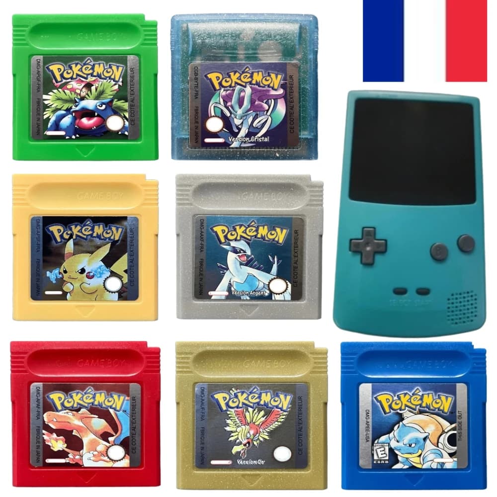 Cartuccia di Gioco Pokémon GBC per Console 16 Bit, Versioni Rosso, Giallo, Blu, Cristallo, Oro, Argento in Lingua Francese