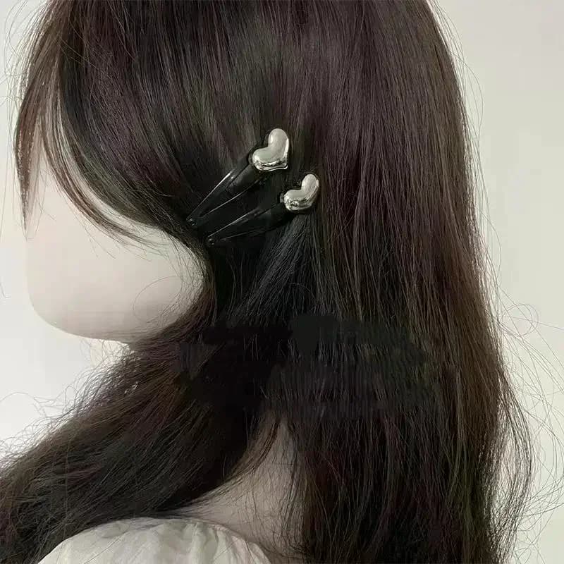 2 pezzi/4 pezzi fermagli per capelli neri con decorazione a forma di cuore argentato, graziosi accessori per capelli da donna, per un elegante styling dei capelli laterali