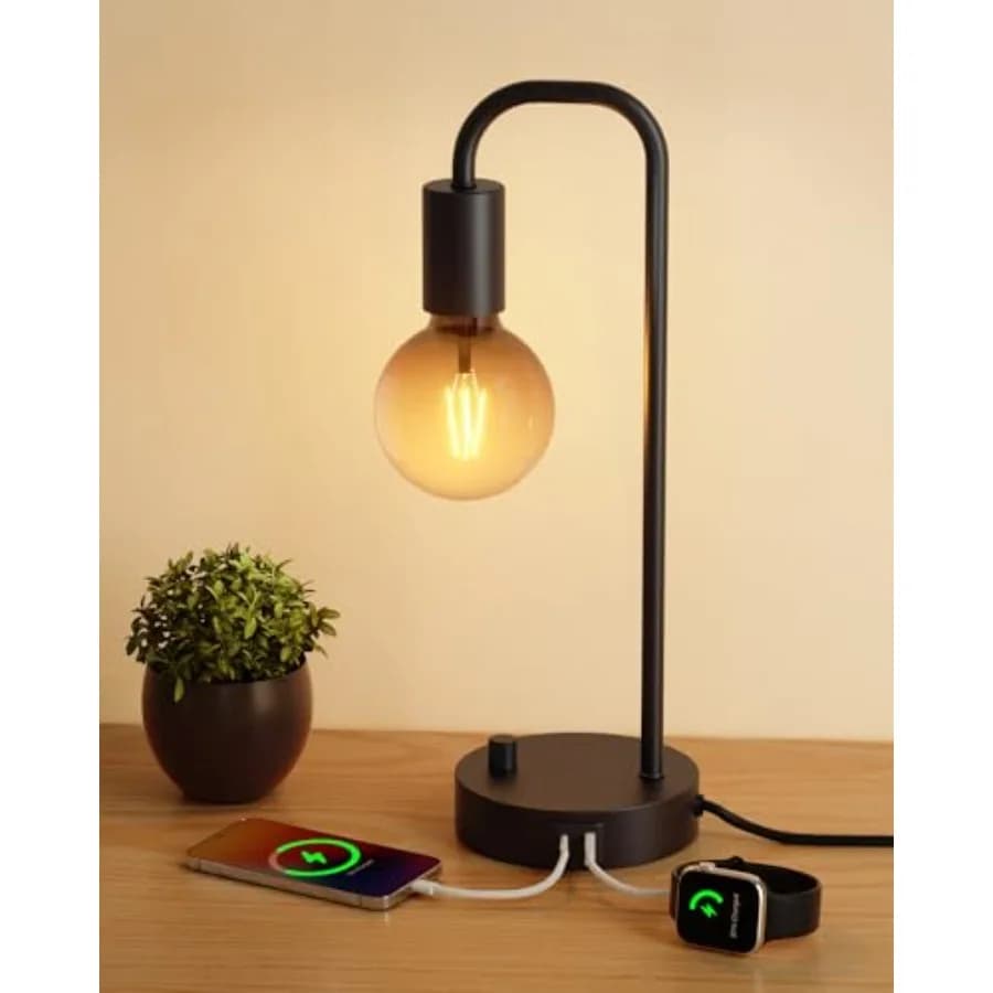 Lampada da Tavolo Industriale con 2 Porte, Lampade da Comodino Completamente Dimmerabili per Camera da Letto, Lampade da Scrivania con Lampadina a Gradiente 700K per
