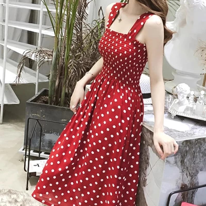 Abito estivo senza maniche a pois da donna Sexy Backless a-line Spaghetti Strap Beach Style abiti canotta con spalle scoperte pieghe Vestidos
