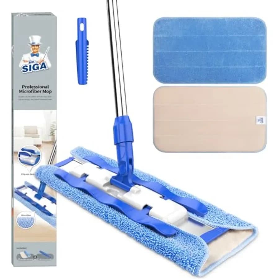 Mop Professionale in Microfibra per Pulizia Pavimenti in Legno, Laminato e Piastrelle, Manico Telescopico in Acciaio Inox - 3 Panni Piatti Riutilizzabili