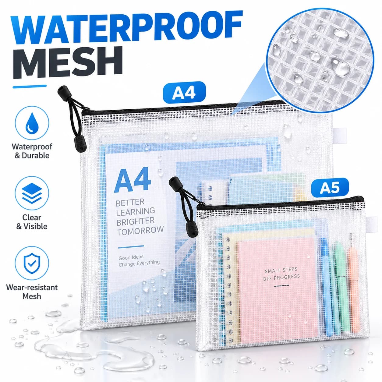 5/10PCS Plastic Zipper File Bags Mesh Waterproof Tear Resistant Document Folder Multi Size Storage for School Office Home Use