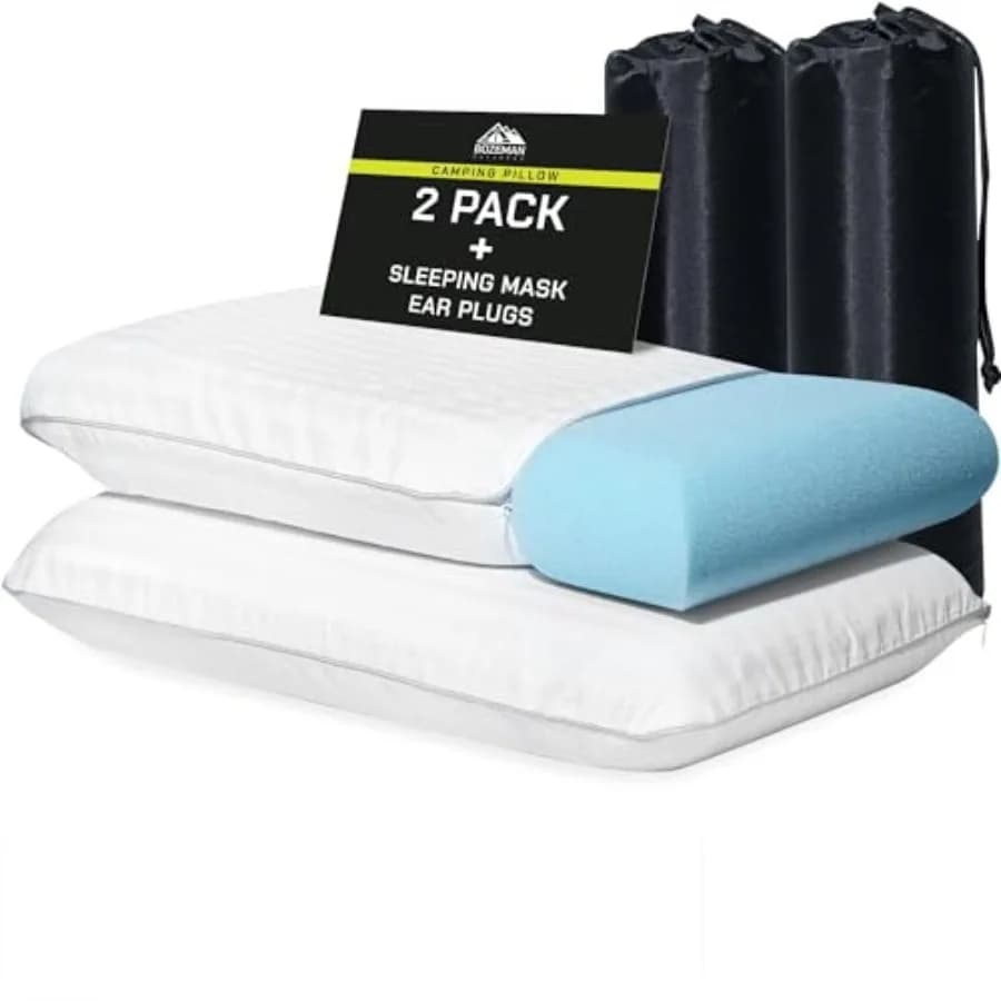 Cuscini da campeggio (confezione da 2) — Cuscini in memory foam per campeggio (confezione da 2) — per sacco a pelo ed escursioni, affidabili e confortevoli