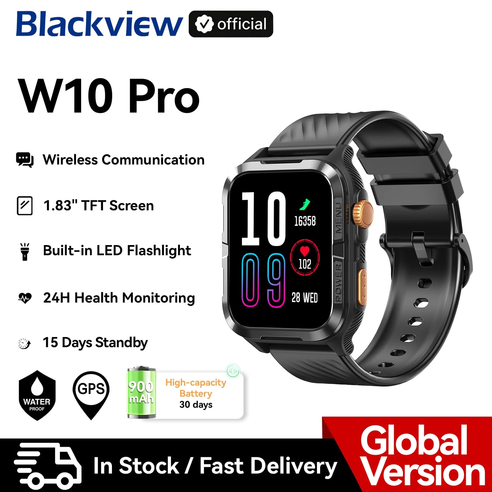 Nuovo Blackview W10 Pro Smartwatch GPS con Display TFT da 1,83'', Batteria da 600mAh con 11 Giorni di Standby, Bluetooth/Impermeabile, con Luce LED per Adulti