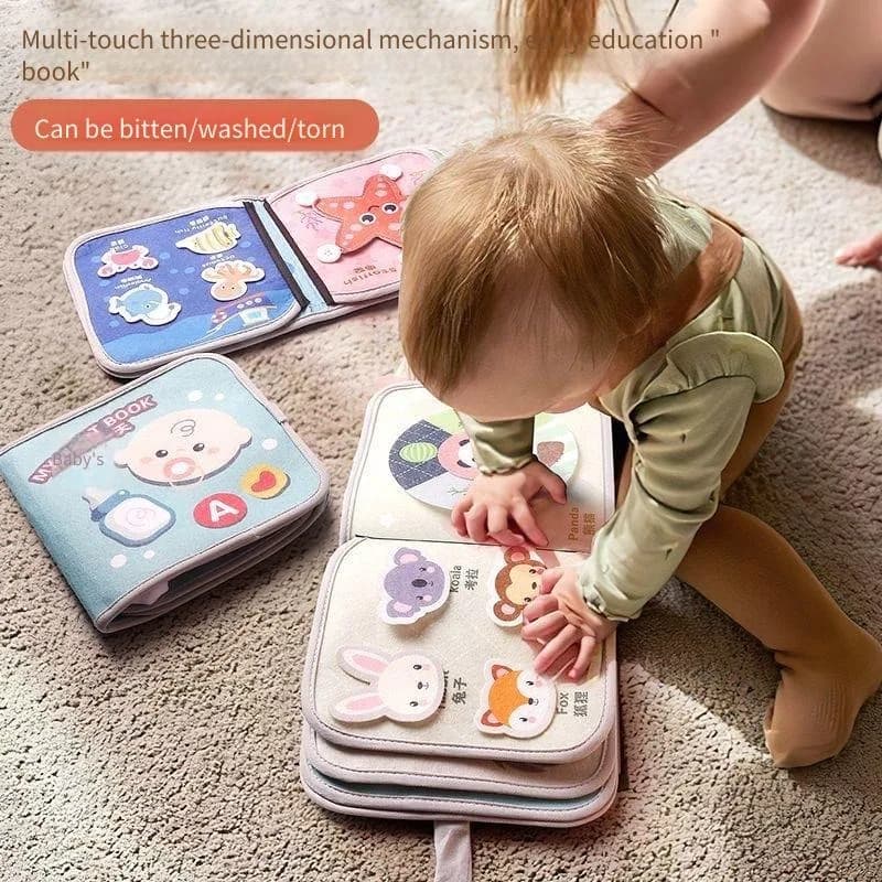 Baby Cloth Book Early Education Tear Resistant Bite Safe with 3D Hook Loop Montessori Cognitive Toy Washable Sensory Book