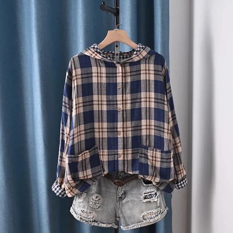 Top taglie forti Camicette scozzesi in filato di cotone 100% per le donne Camicie a quadretti con cappuccio a maniche lunghe moda giapponese felpe casual