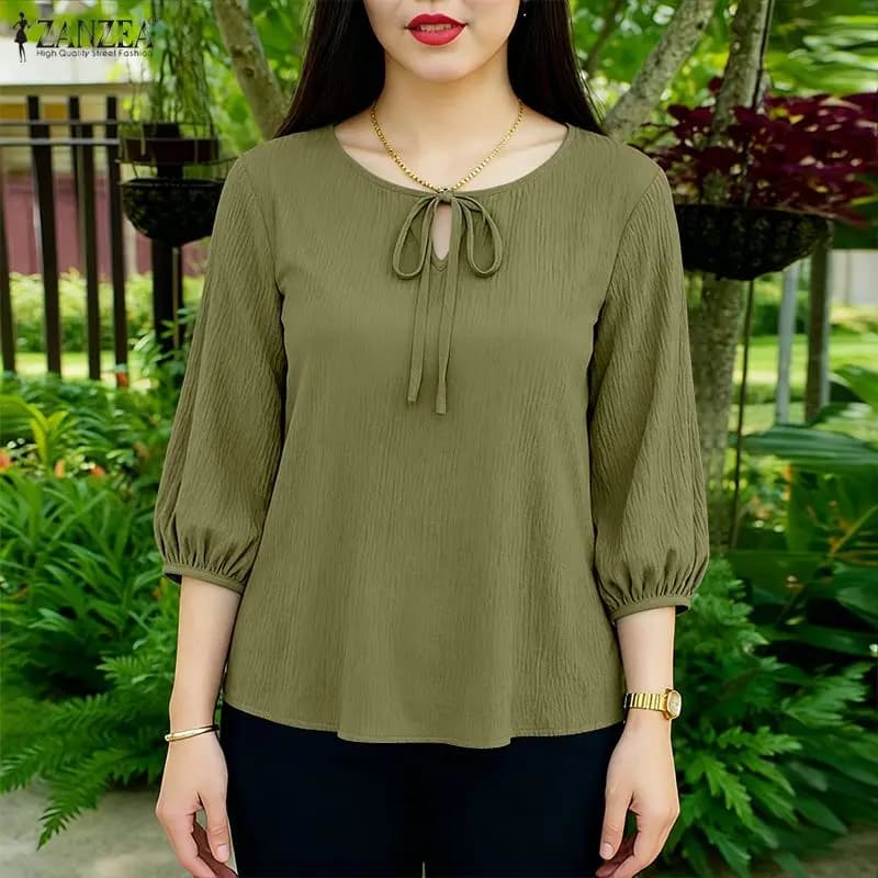 Camicetta Donna Primavera Estate 2026 ZANZEA Elegante con Maniche a 3/4 a Sbuffo, Camicia da Lavoro Femminile, Top Stiloso Tinta Unita con Lacci per Vacanze