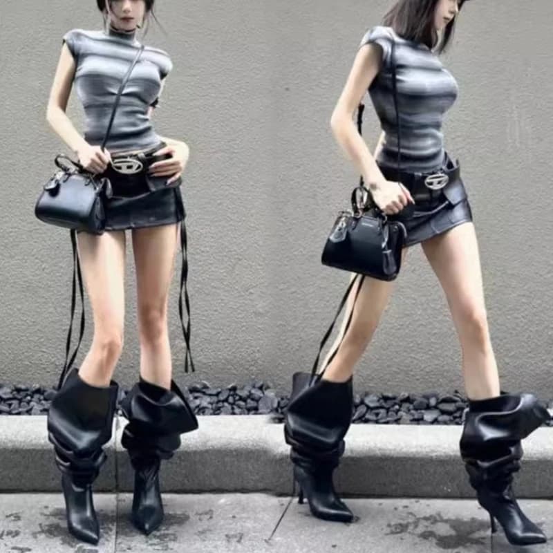 Stivali da Donna con Tacco Alto, Stile Moda, Circonferenza del Cannaletto Ampia, Punta a Spillo, Altezza al Ginocchio, Stivali Lunghi a Tacco Largo