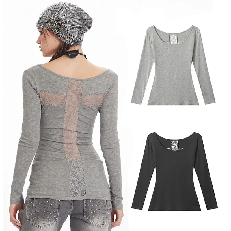 T-shirt da donna in pizzo scavato sul retro Primavera Autunno T-shirt da donna a maniche lunghe con o-collo Tinta unita Top da donna Pullover slim sexy