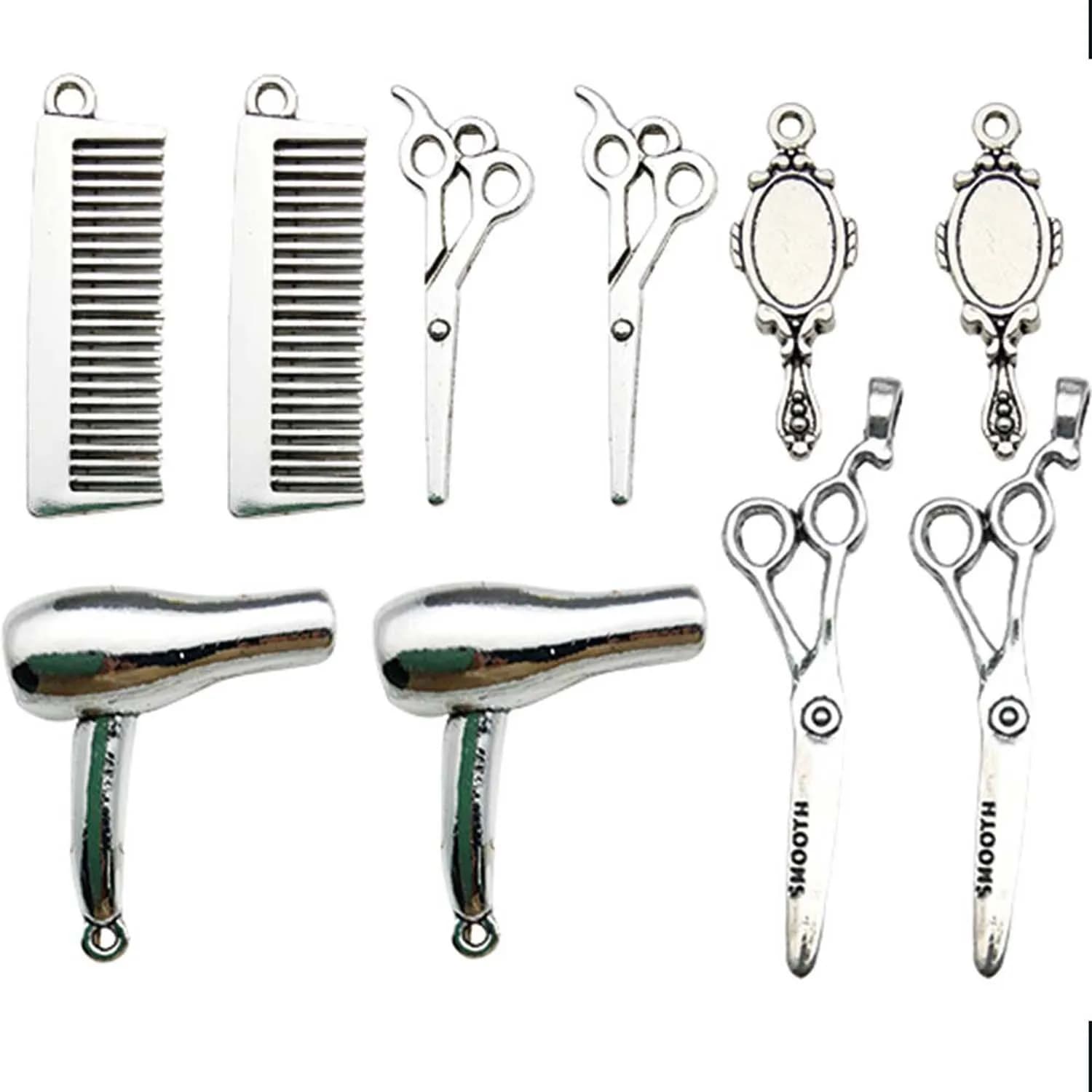 10 pezzi antichi argentati asciugacapelli pettine specchio per trucco forbici design ciondoli pendenti in lega per accessori per la creazione di gioielli fai da te