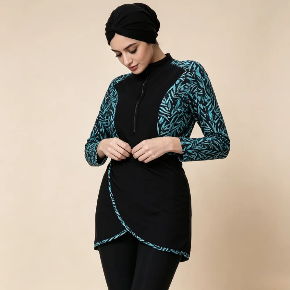 Muslim Burkini Swimsuit for Women 3-Piece Swimwear with Hijab, Long Sleeve Printed Conservative Bathing Suit, Islamic Beachwear